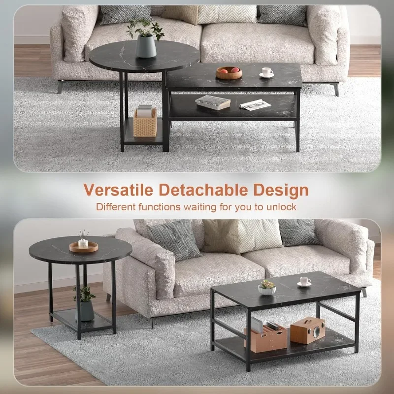 Coffee Table, Black Modern Coffee Tables for Living Room 2 in 1Detachable Small Center Table Set with Storage 4