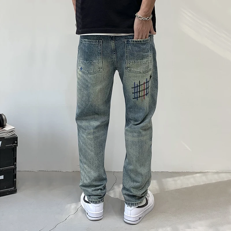 New American Style Embroidered Straight Leg Jeans For Men'S High Street Trendy Retro Loose Floor Casual Versatile Denim Pants