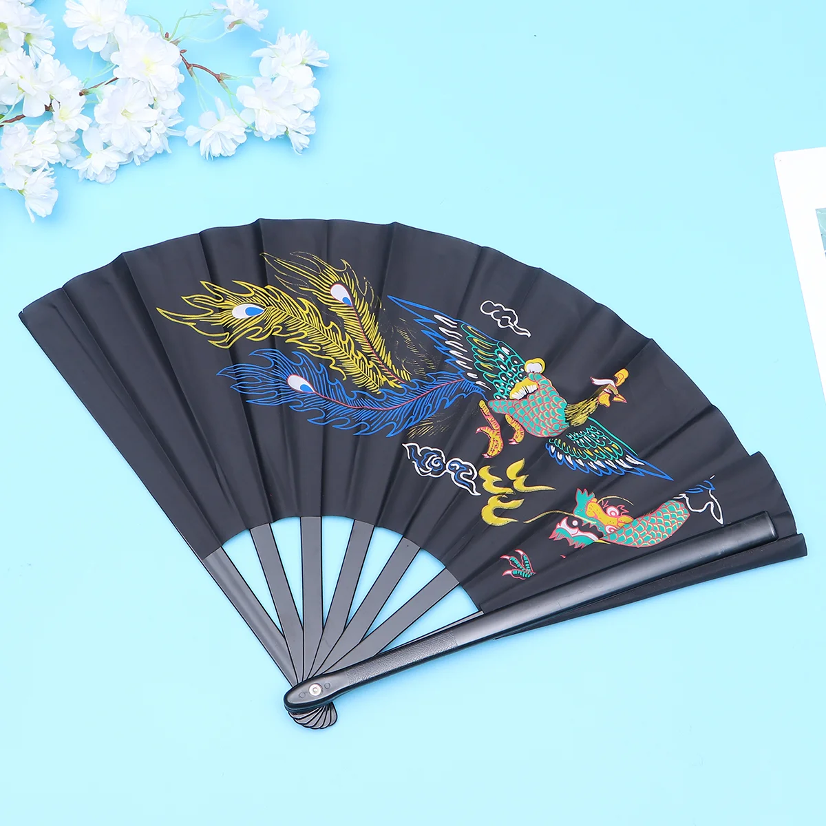 Folding Fan Handheld Fan Troditional Chinese Pattern 1Pc for Tai Chi Fitness Kung Fu Performance Black