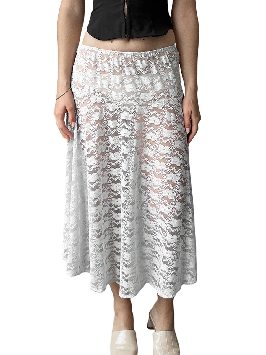 

Women s Elegant High Waist A-Line Midi Skirt with Delicate Lace Overlay and Flowy Pleated Design for Formal Occasions