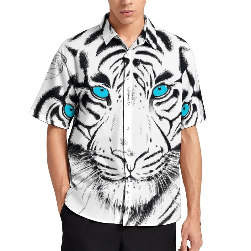 Camisa informal con estampado de rayas de piel de tigre para hombre, camisa hawaiana de vacaciones de manga corta, camiseta de gran tamaño para hombre, blusas, ropa