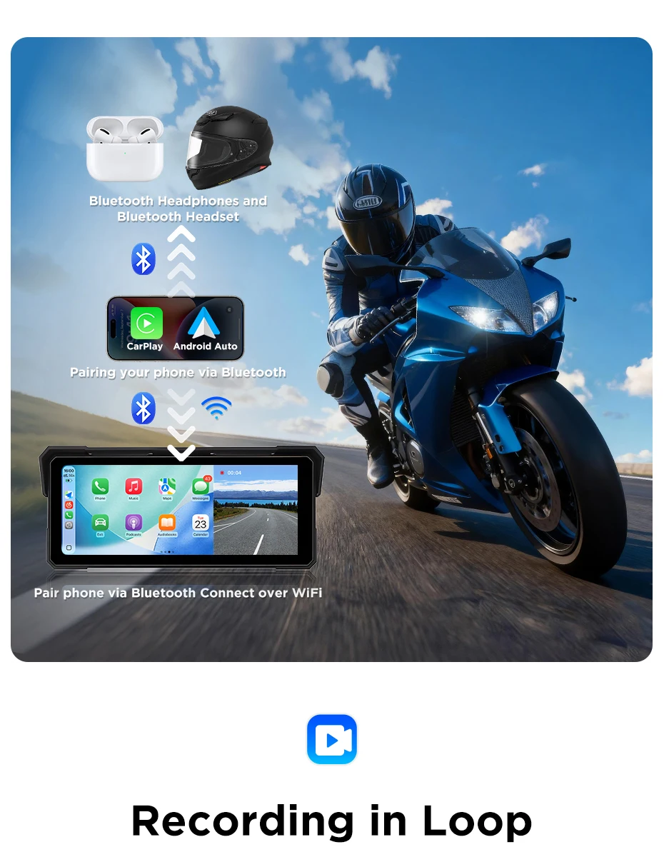Junsun 8,1 Zoll 2K DVR Motorrad Wireless für Apple CarPlay Android Auto IPX7 Wasserdichtes GPS-Navigations-Display Bildschirm Monitor – Detail 9