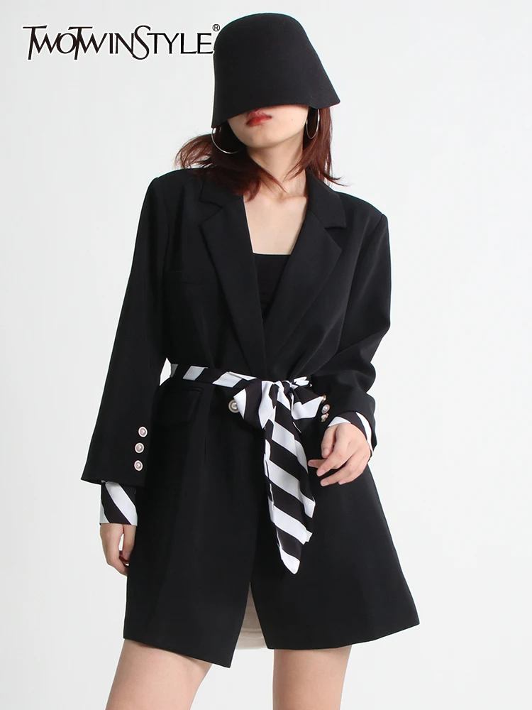 

TWOTWINSTYLE корейский стиль, лоскутные блейзеры в полоску для женщин, с отложным воротником, с длинным рукавом, цветные блейзеры, женская осенняя одежда 2022