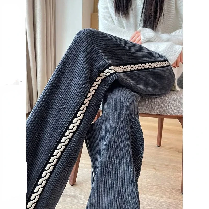 

Winter Warm Thicken Corduroy Women Long Pants High Waist 2024 Loose Snow Wear Pantalone Korean Straight Casual Black Trousers