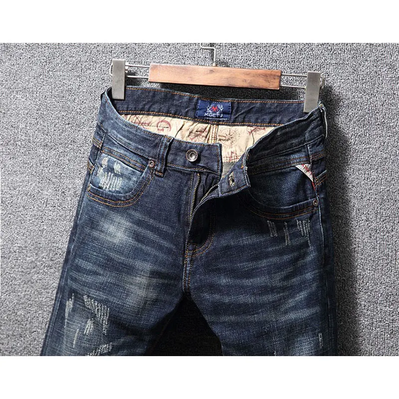New Fashion Men's Jeans High Quality Vintage Wash Blue Elastic Slim Fit Split Jeans Men's Designer Vintage Denim Pants Hombre