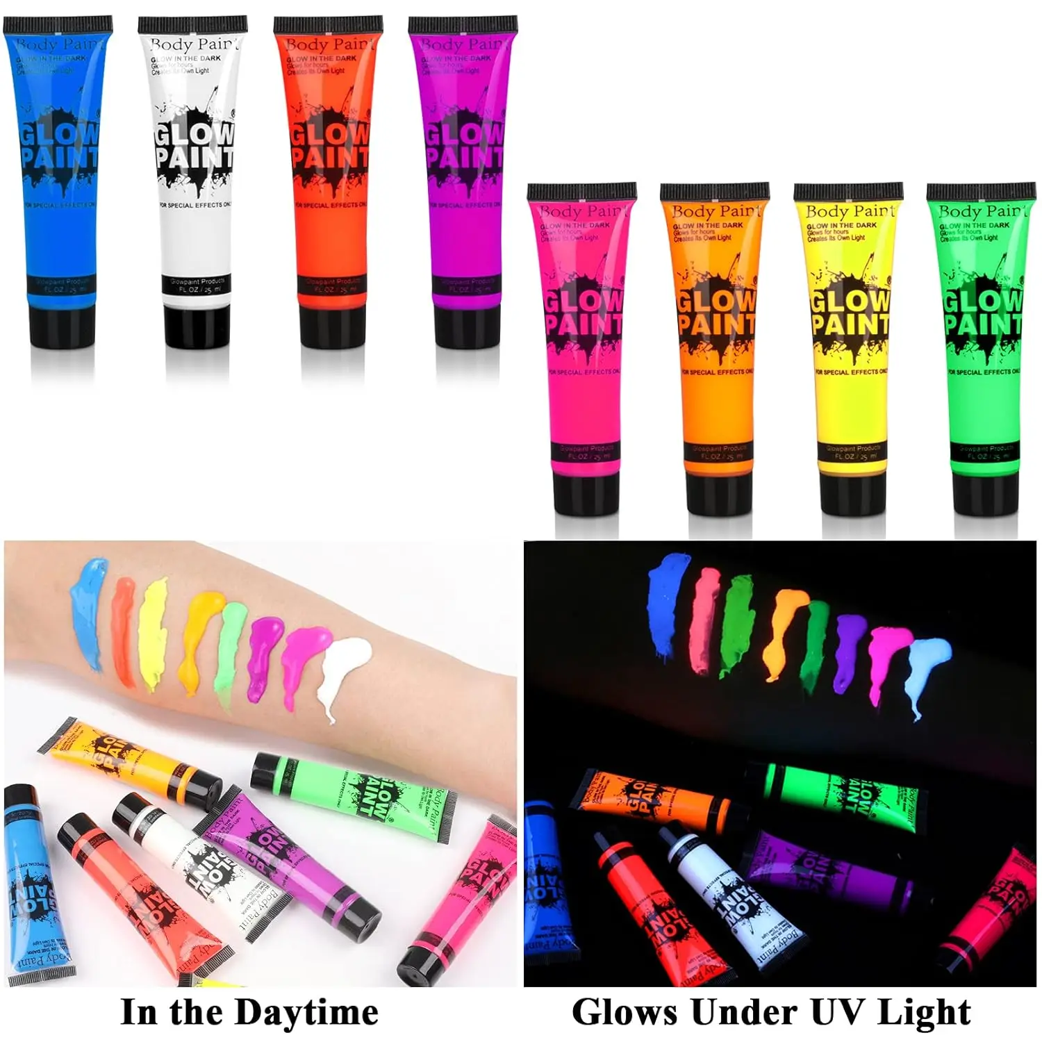 UV Neon Oil Face and Body Art Paint, 8 Tubes Glow in the Dark Body Paints Makeup, Neon Fluorescent Glow in Dark Party Cosmetics 3