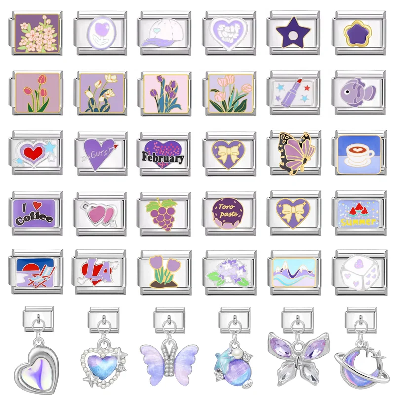 Charm Bracelet Stainless Steel Bracelet Purple Tulip Flowers Grapes Heart Star Italian Charm Links Stainless Steel Fit 9mm Bracelet Jewelry DIY Making Gifts