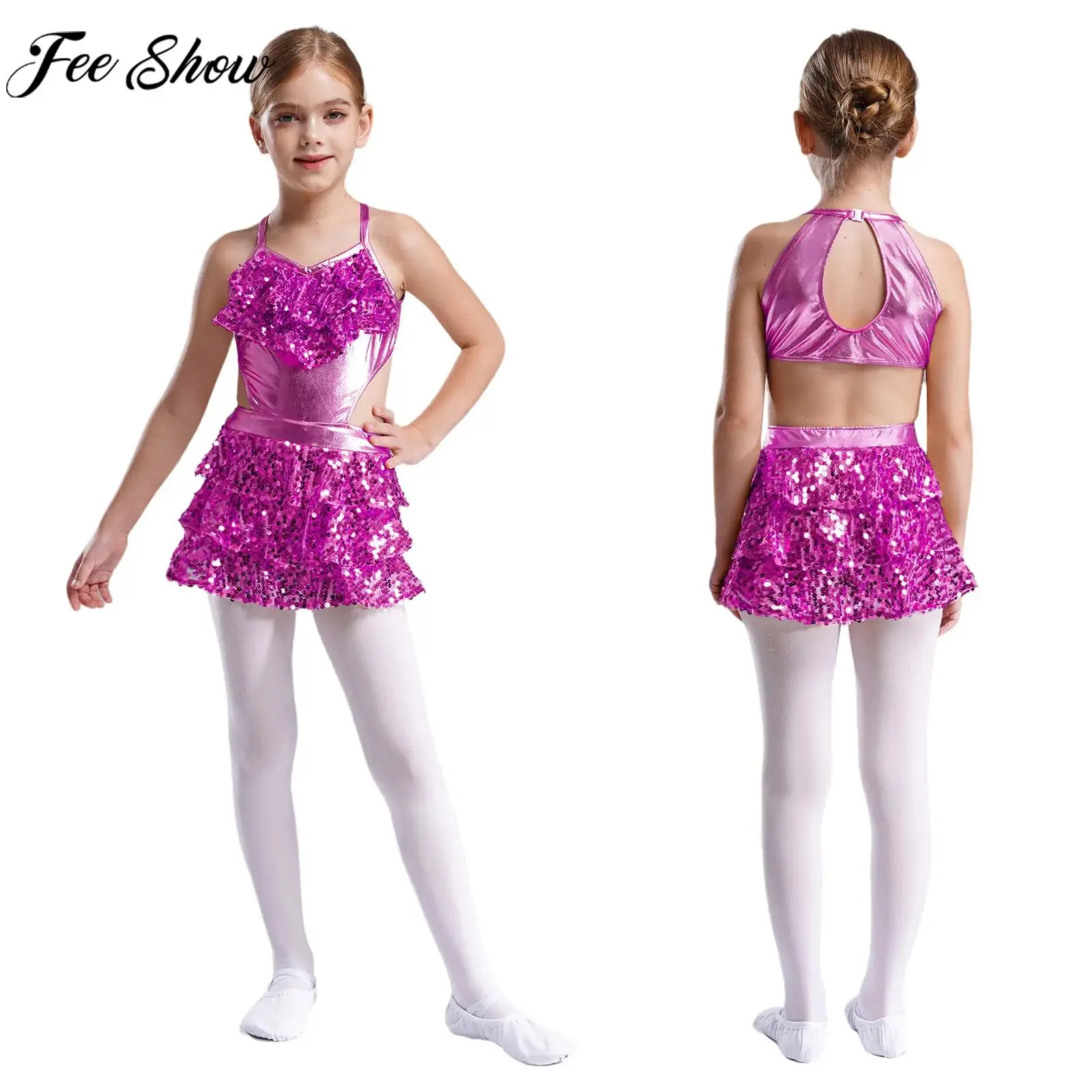 Dance Dress, Dance Bodysuit: Kids Girls Latin Jazz Dance Cha-cha Samba Rumba Performance Costume Sleeveless Sequins Cutout Metallic Tiered Bodysuit Dress