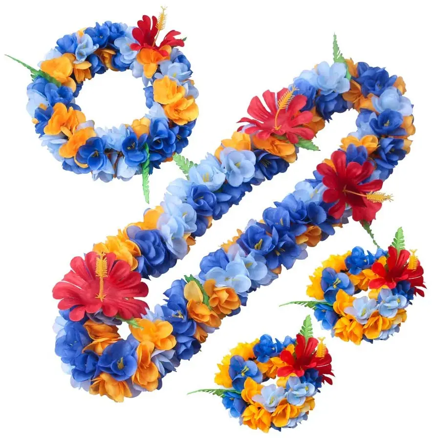 

Hawaiian Luau Flower Leis Jumbo Necklace Bracelets Headband Set Mahalo Floral Leis (Blue and Orange)