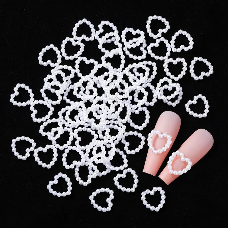 100Pcs Hollow Heart Pearl 3D Nail Art Charms Flatback Beads Parts Nail Accessories Acrylic Ball Flower Rhinestones Decoration