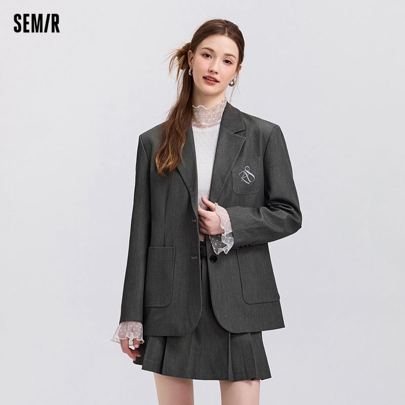 Semir Outerwear Women Mid-long Style Embroidery School Style 2025 New Spring Loose Gray Casual Suit