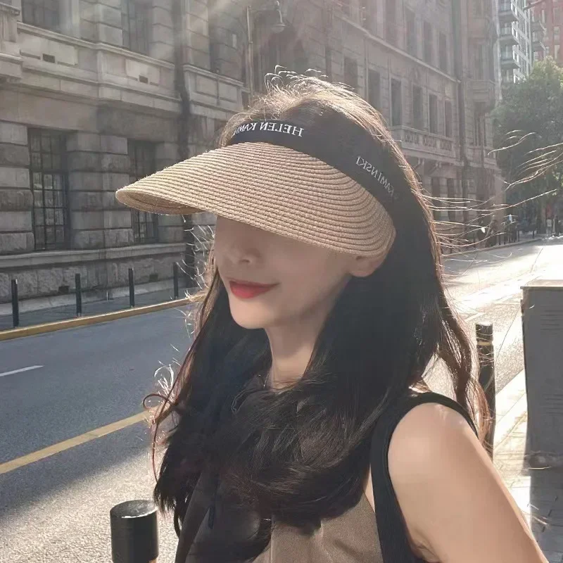 여성용 여름 해변 햇빛 차단 빨대 모자, 2024 잔디 할로우 햇, 햇빛 차단, 헤어 후프