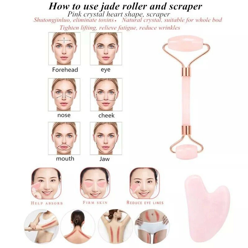 Rouleau de massage Facial en Quartz Rose, brosse pour masque Gua Sha, 3 pièces/ensemble