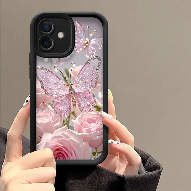 Luxury Romantic Butterfly & Pink Rose Phone Case - Shockproof Soft TPU Bumper Cover