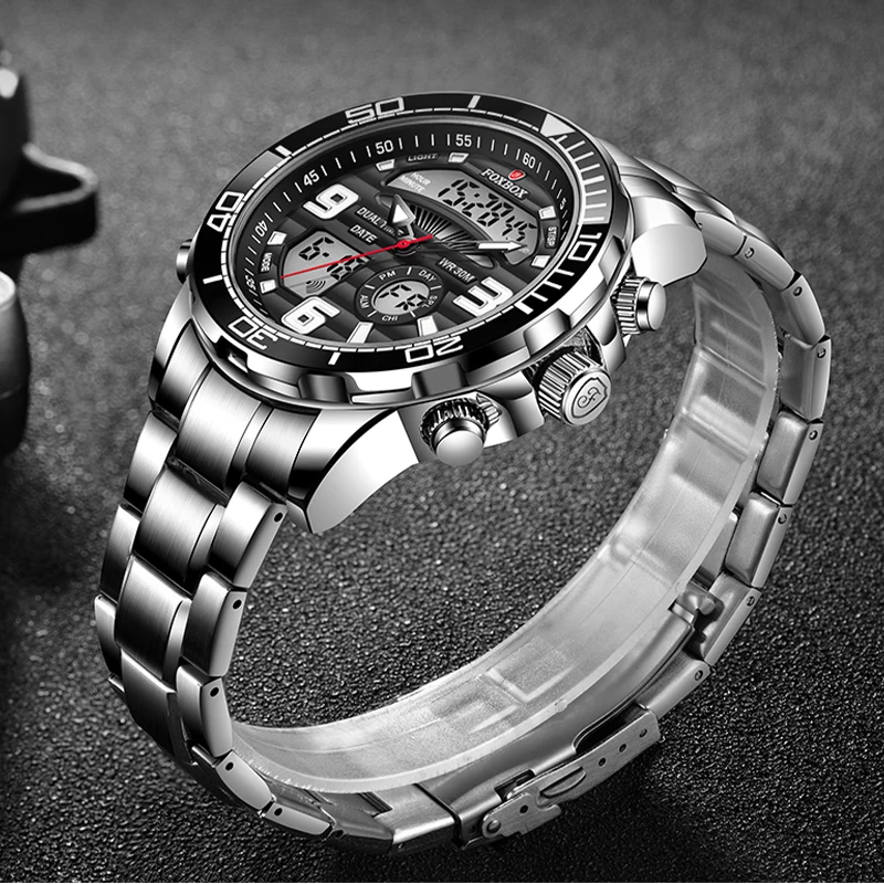 FOXBOX Military Watch Men Fashion Business Waterproof LED Alarm Chronograph Male Outdoor Sport Luminous Men's Quartz Wristwatch