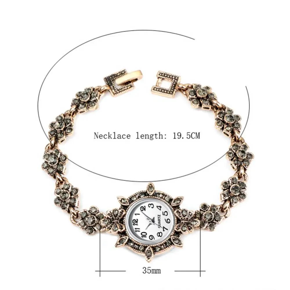 Vintage Women Rhinestone Flower Charm Round Dial Analog Quartz Bracelet Watch