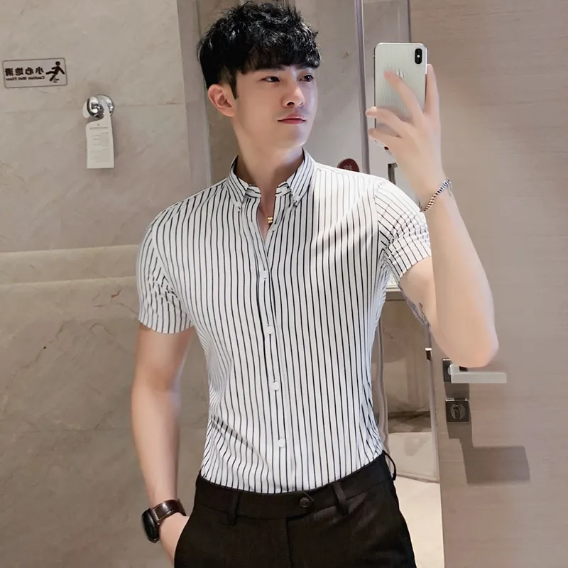 

Cost effective Business Men shirt 2023 Summer short sleeved thin men's striped Shirts Men Formal Wear Blouse Homme рубашка 4XL-M
