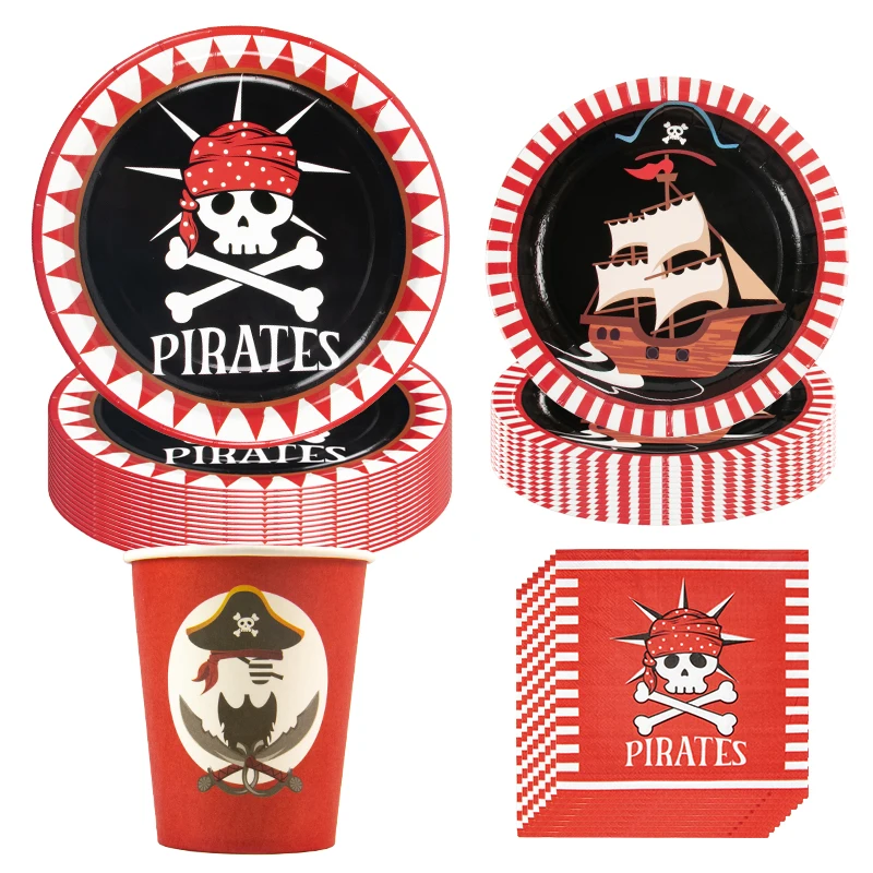 Pirate Theme Party Disposable Tableware Set Pirate Ship Skull Pattern Paper Plate Cup Napkin Kids Pirate Birthday Party Decorr