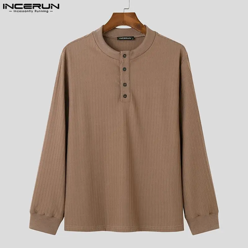 INCERUN Tops 2023 Korean Style Men's Autumn Winter Hot Sale Solid Pullover Leisure Door Barrel Stripe Long Sleeve Sweater S-5XL