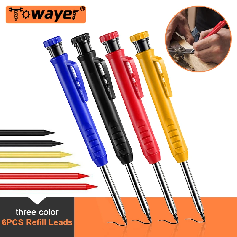 Solid Carpenter Pencil Set Woodworking Mechanical Pencil 3 Colors Refill Construction Job Tools Carpentry Marking Scriber Arch