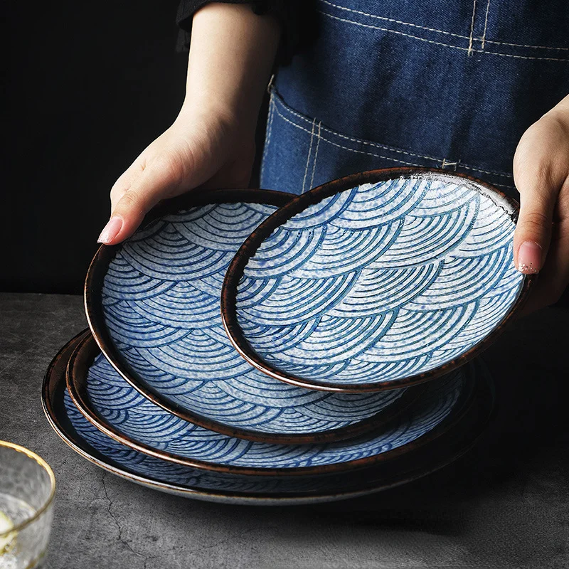 

Round Ceramic Plate Japanese Creative Sea Ripples Porcelain Dinner Plate Home Flat Dish Salad Steak Dish Kitchen Supplies