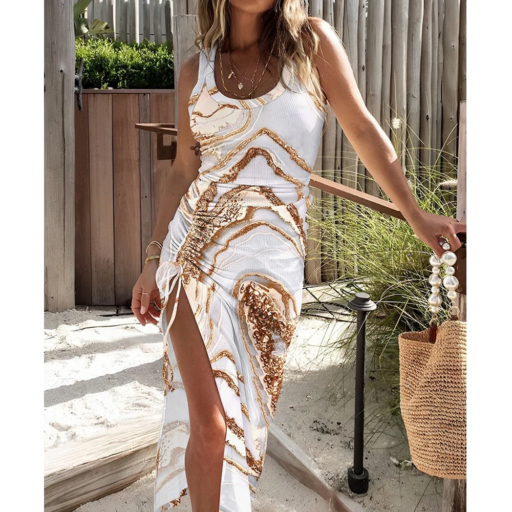 

Wepbel Sexy Bodycon Dress Women Spaghetti Strap Sheath Printed U-Neck Sunken Stripe Drawstring Dress Floral Pleating Beach Dress