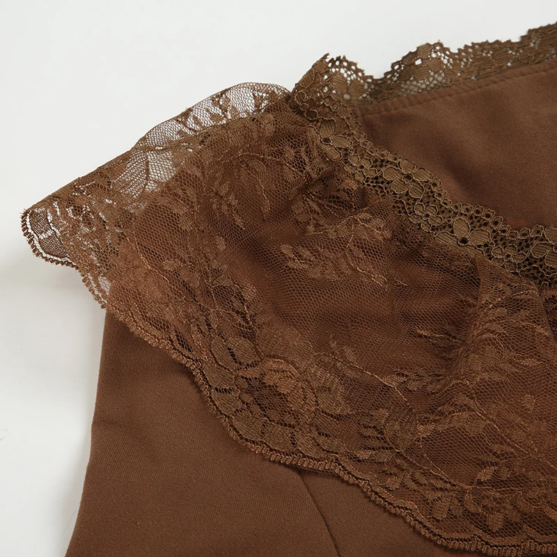 Camiseta marrón con cuello con volantes de encaje vintage Y2K, top ajustado de manga larga, elegante y con estilo de los años 2000, ropa de calle de otoño