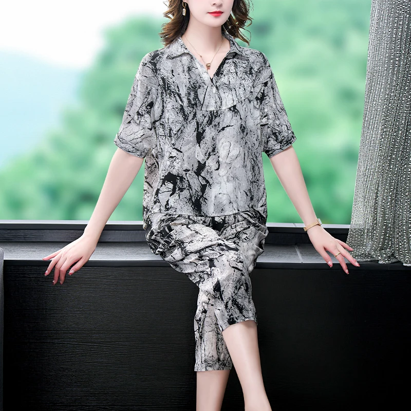 Stripe Black Silk Pants Loose Sets Summer Batwing Sleeve Casual Two Pieces Sets 2024 Women Elegant Vintage Party Ladies Suits