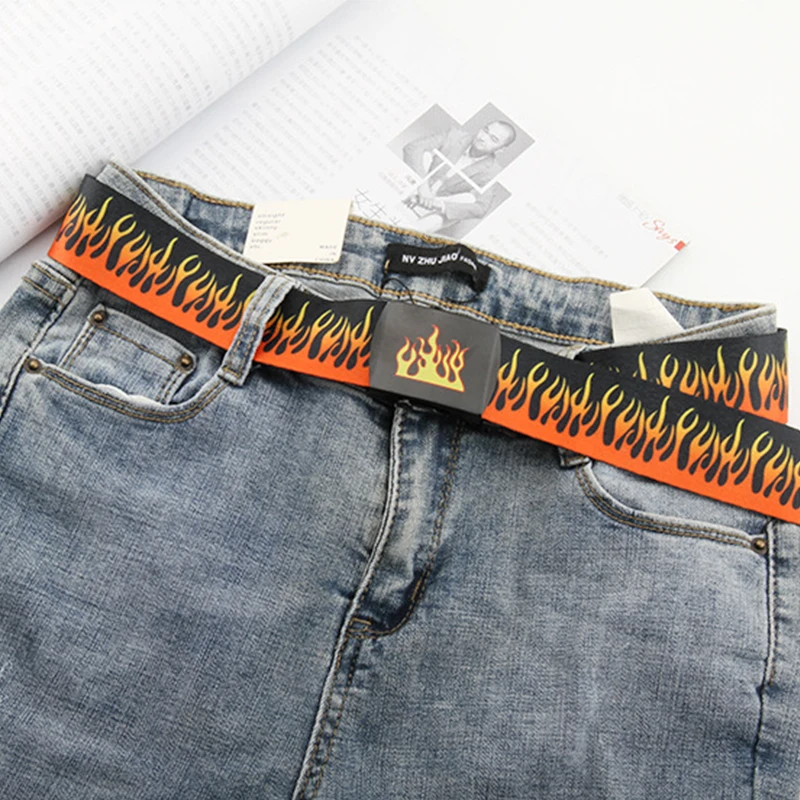 

Colourful Fire Shape Design Men Belts For Hip-hop Super Durable Canvas Women Waistband 130cm Big Size Waist Straps
