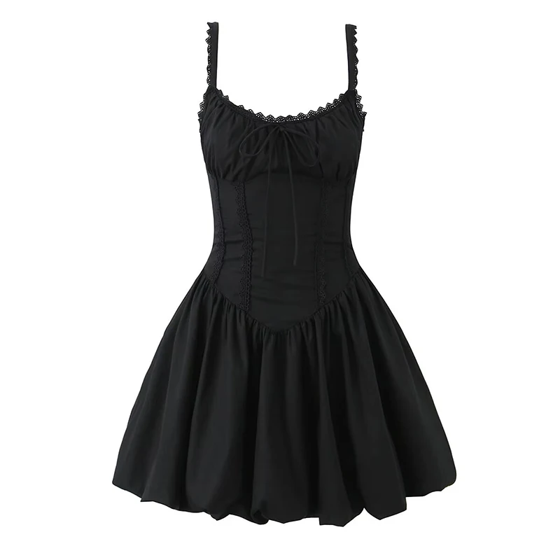 YENKYE 2025 Women Lace Spliced Black White Sling Mini Dresses Low Waist Cotton Summer Sexy Party Dress Sexy Lacing Up Robe 3