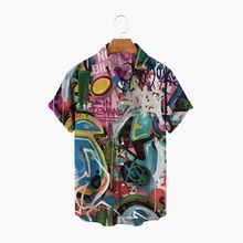 

Summer Fashion Women's Men's Hawaiian Shirt Street Graffiti Print Casual Loose Linen Short Sleeve Beach Shirt Top Street Style V