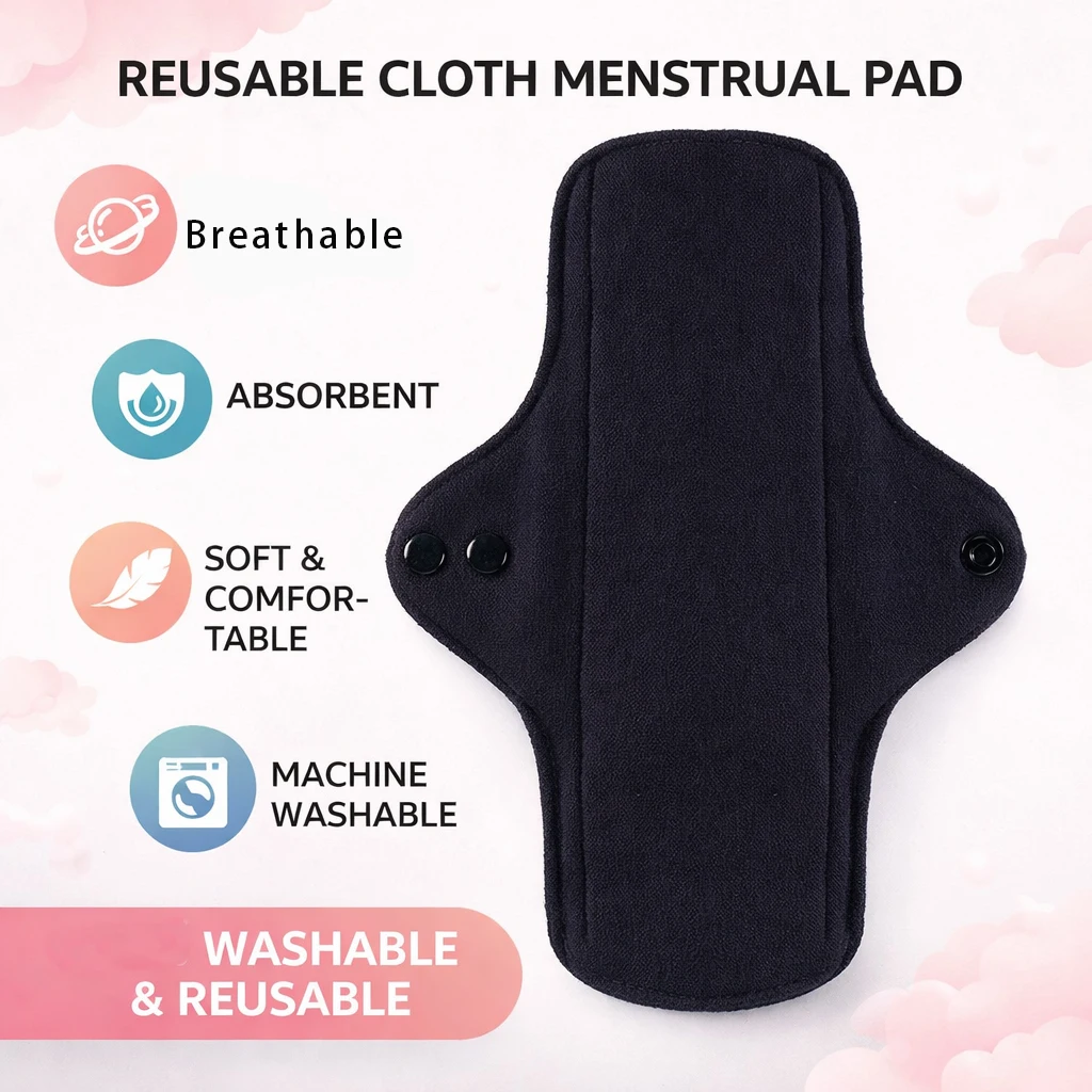 5 Pieces Reusable Washable Cotton Sanitary Pads Black Menstrual Pads for Daily Use Black Cotton Sanitary Towels for Women