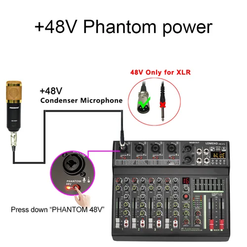 LOMEHO 4 채널 마이크 입력 오디오 믹서, 7 밴드 EQ 16 DSP 이펙트, 블루투스 믹싱 콘솔, 48V USB 재생, 레코드 사운드 테이블 AM-UT4 4