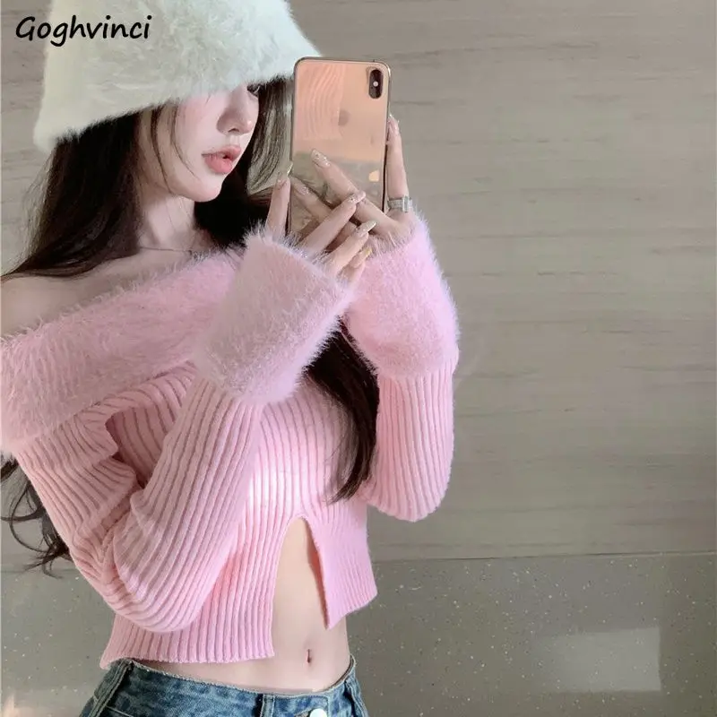 

Crop Pullovers Women Sweater Gentle Slash Neck Slim Hotsweet Cozy All-match Patchwork Tender Ulzzang Autumn Jumper Y2k Clothes