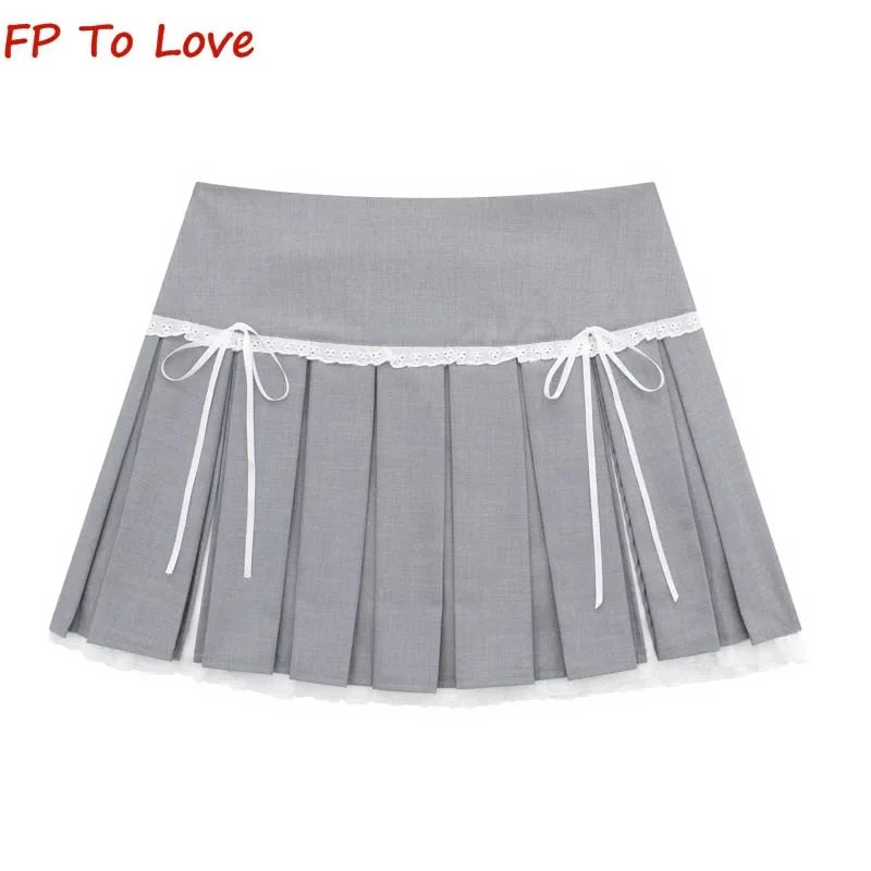 

College Style Bow Tie Half-body Skirt 2024 Summer Design Sense Anti-Walking A-line Pleated Skirt Women