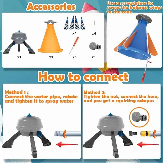 Outdoor Sprinkler for Kids, Launch Water Rocket Toy, Water Spray Rocket Launcher for Outside Yard Play Summer, Splashin 6