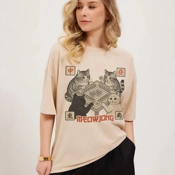 Meowjong Funny Meme Kitten T-Shirts for Women Cute Cat Lover Shirt Loose Retro Mahjong Graphic Tees Unisex Cool T Shirts Gift 1