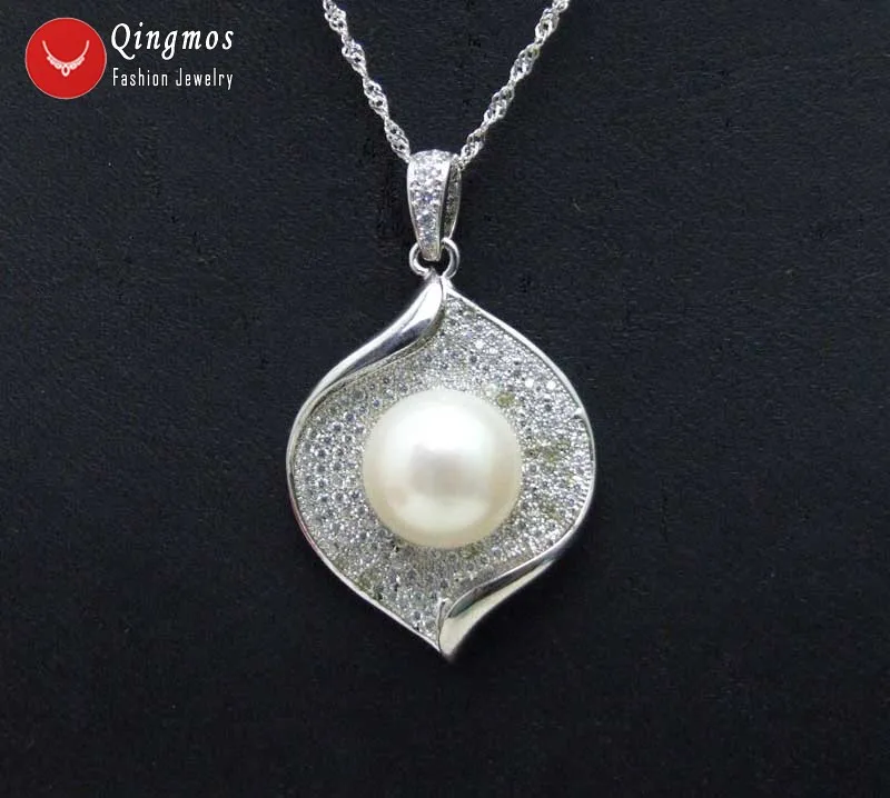 

Qingmos 26*36mm Drop Silver Pendant Necklace for Women with Natural 11-13mm Flat Round Natural White Pearl 16" Silver S925 Chain