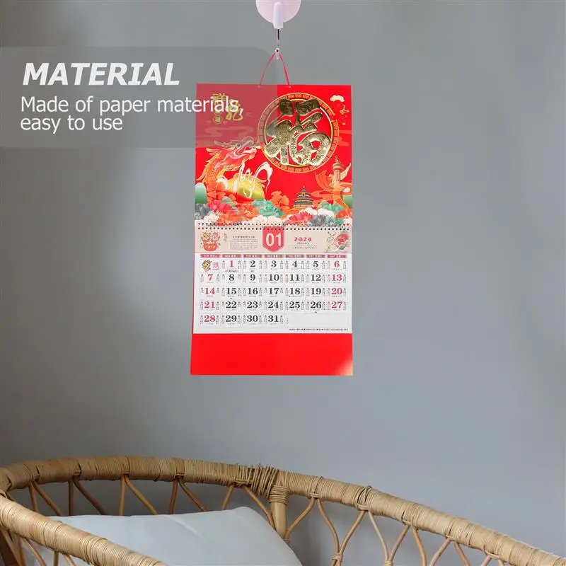 Hanging Calendar 2024 Year of Dragon Wall Calendar Festive Traditional Chinese New Year Decoration for Easy Hanging