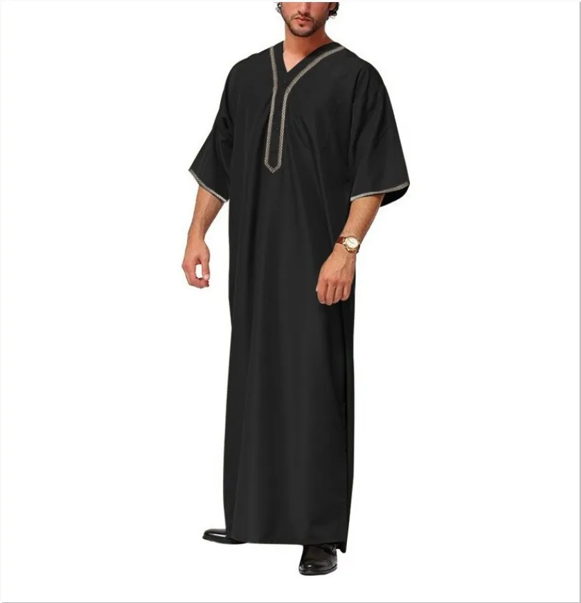Muslim Men Jubba Thobe with Button Design Soft Muslim Clothing Eid Middle East Muslim Robe V Collar Muslim Male Shirt