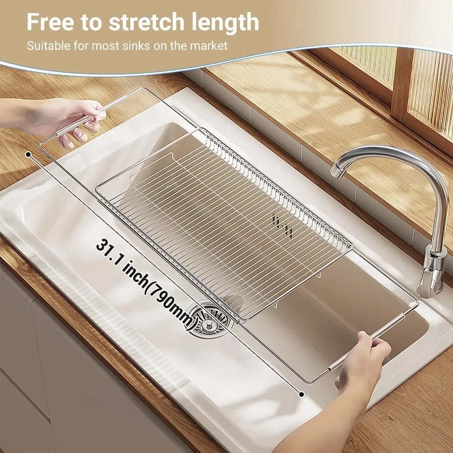 Stainless Steel Extendable Dish Drying Rack Over Sink Vegetable Fruit Rinse Rack Foldable SpaceSaving Premium 304 Stainless Ste