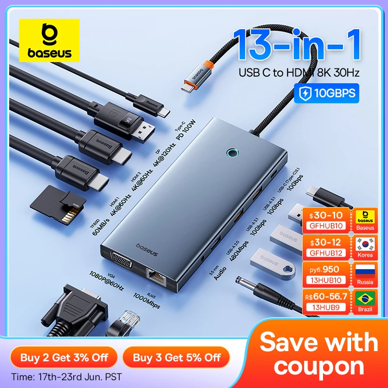 Adaptador de Hub Compatível com Baseus-usb tipo c para Hdmi 13-em1 dp 4k 60hz 120hz Rj45 Conversor Vga pd 100w Usb 3.0 2.0 para Macbook pc