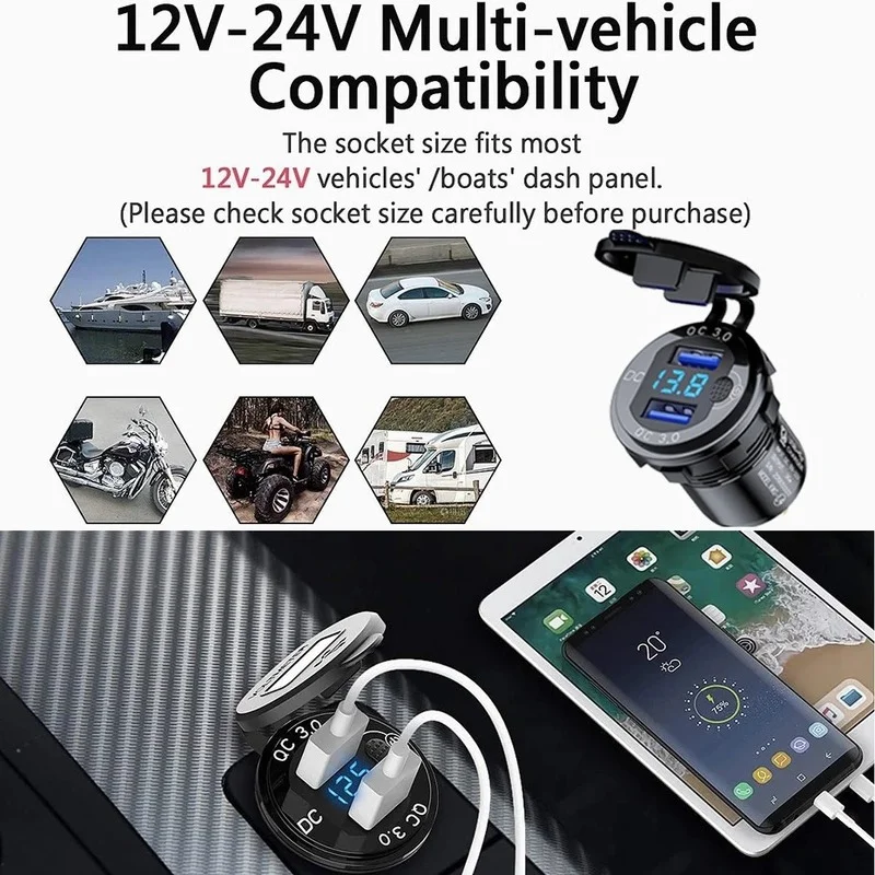 12V 24V 18W Aluminum Waterproof Dual QC3.0 USB Fast Charger Power Outlet  with LED Voltmeter ON OFF Switch for Car Marine Truck B