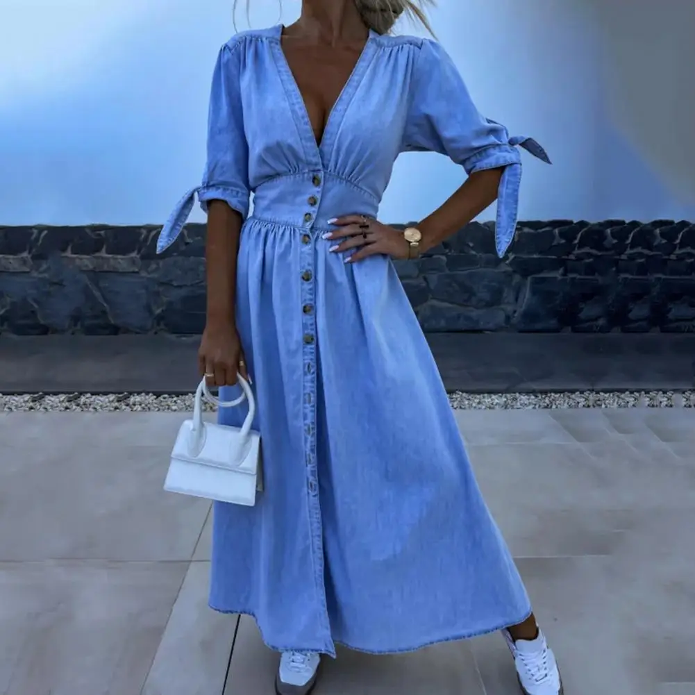 Tie V Neck Tucking Detail Short Sleeve Denim Dress main image 0