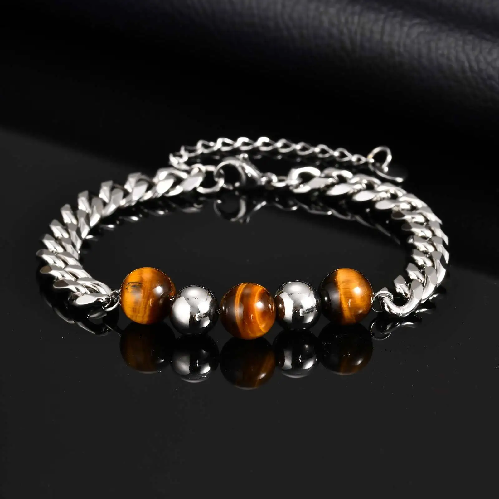 Stainless Steel Men's Beaded Bracelet,Double-layer Natural Tiger Eye Stone Bracelet,Simple Classic Jewelry Gift