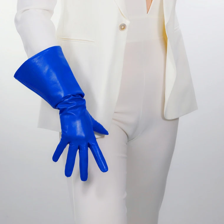 REAL LEATHER TECH LONG GLOVES Unisex Brown 38cm Wide Balloon Puff Sleeves Large LLDLLNT