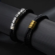 

Personalized Braided Leather Bracelet Stainless Steel Custom Name Bead String Brace Lace Genealogy Hand Chain For Family Gift