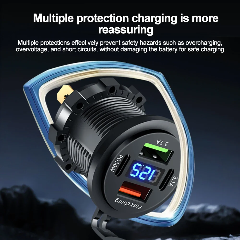 83W 차량용 충전기 소켓 PD30W 빠른 충전 듀얼 USB + 유형 C 콘센트 전화 전원 어댑터 (오토바이 트럭 보트 용 전압계 포함)