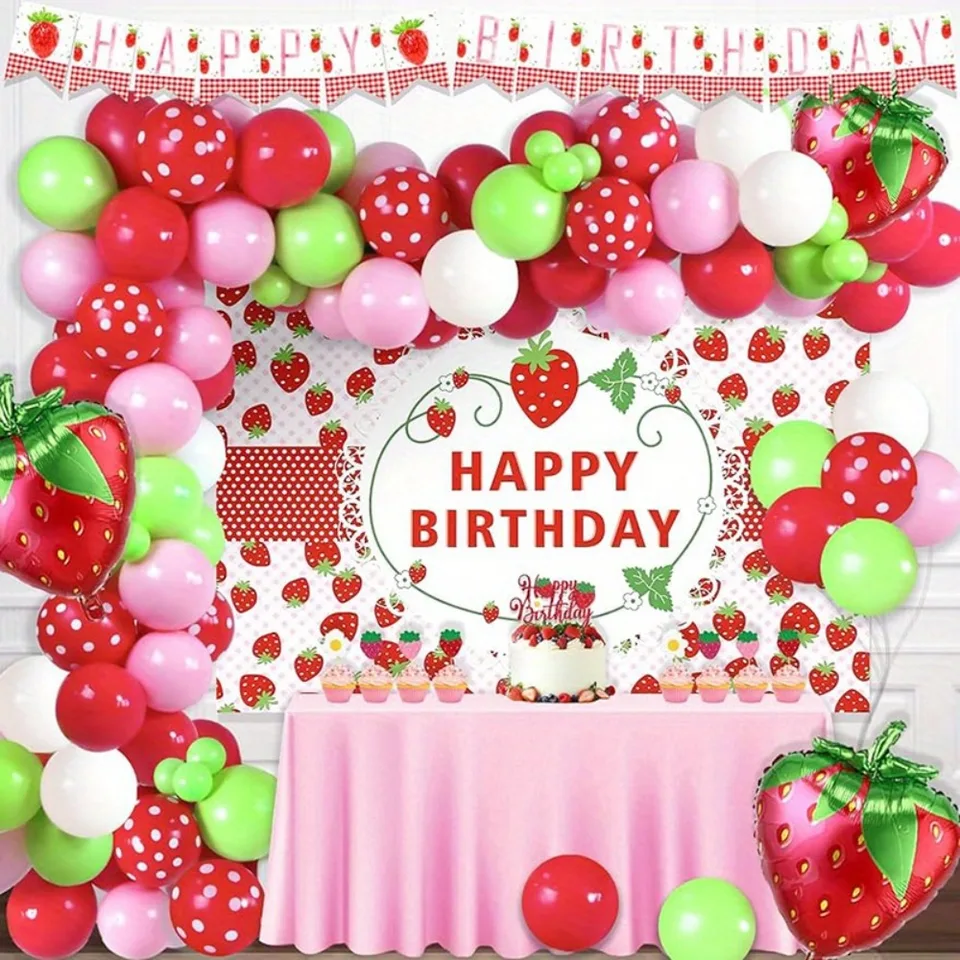 Piatti usa e getta Tazze Tovaglia Stoviglie per feste di fragole Fornura per feste di compleanno per ragazze con fragole rosa Fornura per feste da picnic per bambini  15