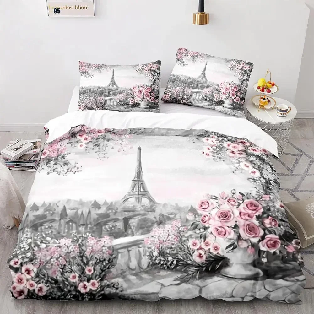 Eiffelturm-Bettbezug-Set, King-Size-Bett, Vintage, schönes weltberühmtes Gebäude, Sakura-Twin-Bettwäsche-Set aus Polyester für Kinder und Mädchen – Detail 9